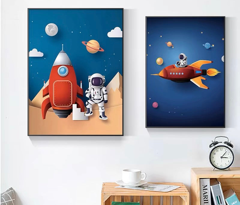 Spaceman Astronaut | Space Rocket Planets | Astronaut Space Theme | Kids Room Decor | Nursery Kids Room | Wall Art | Wall Decor | Set of two paintings |