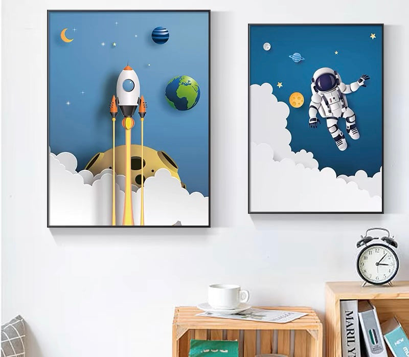 Spaceman Astronaut | Space Rocket Planets | Astronaut Space Theme | Kids Room Decor | Nursery Kids Room | Wall Art | Wall Decor | Set of two paintings |