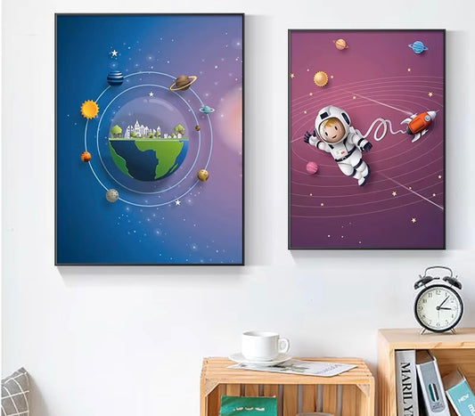 Spaceman Astronaut | Space Rocket Planets | Astronaut Space Theme | Kids Room Decor | Nursery Kids Room | Wall Art | Wall Decor | Set of two paintings |