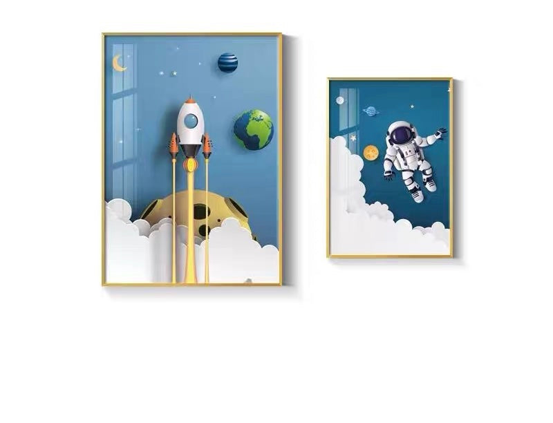 Spaceman Astronaut | Space Rocket Planets | Astronaut Space Theme | Kids Room Decor | Nursery Kids Room | Wall Art | Wall Decor | Set of two paintings |