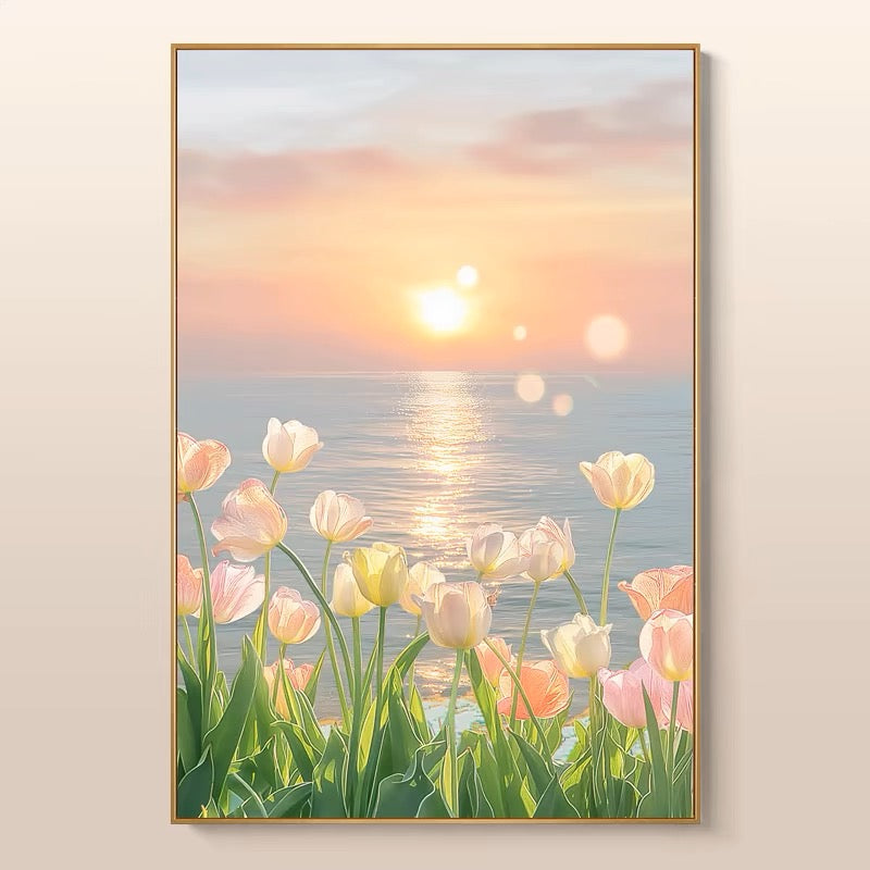 Tulip Seaside Scenery Painting Living Room Bedroom Flower Art Floral Print Wall Art Decor Flowers