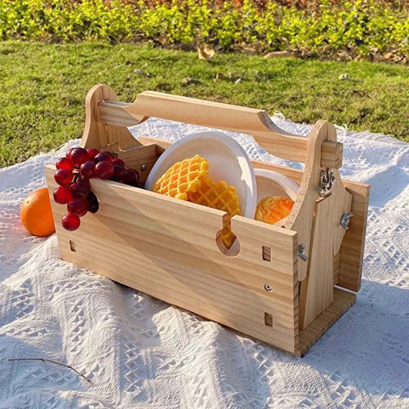2-in-1 Portable Outdoor Storage Basket With Wooden Table